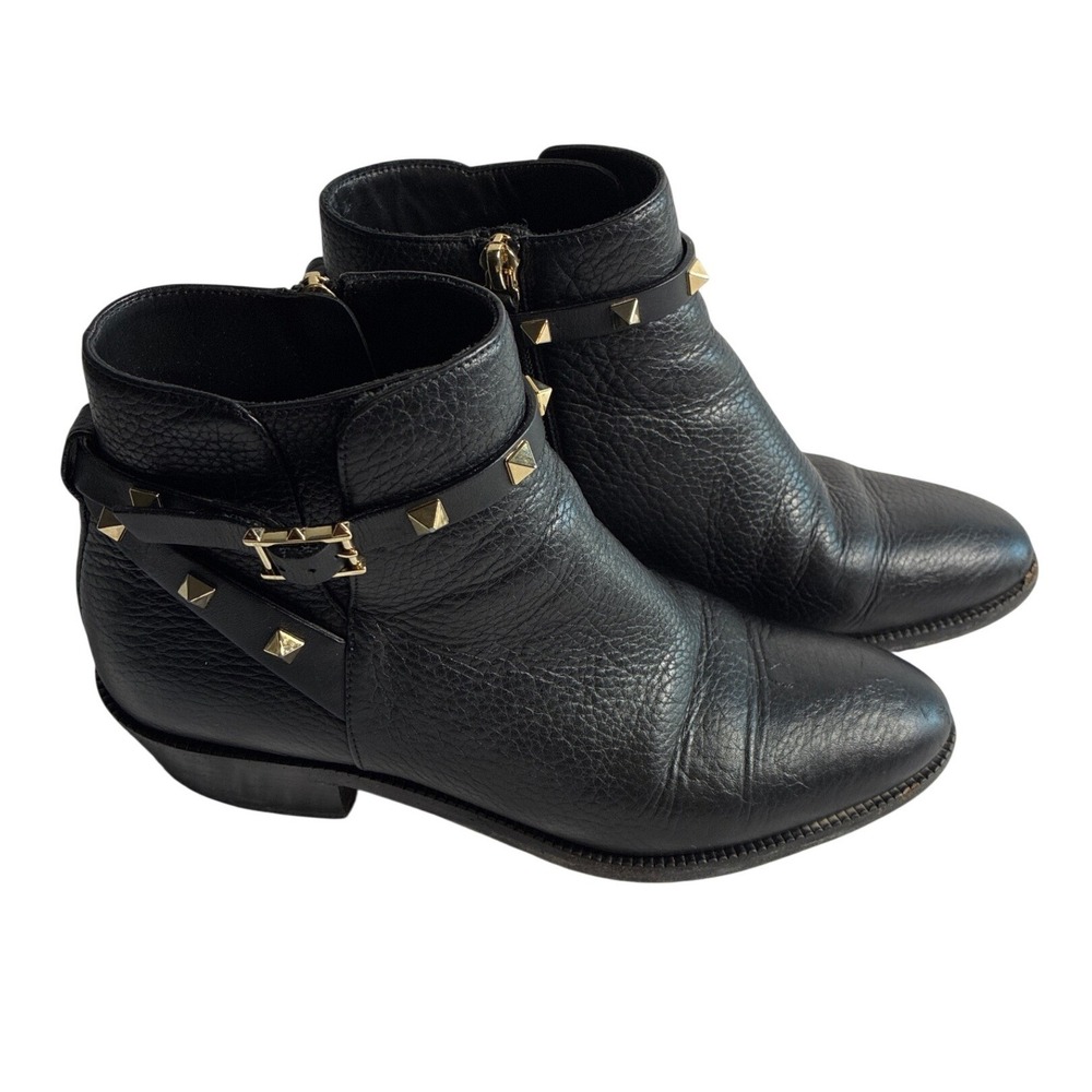 Valentino Garavani Rockstud Black Pebbled Leather Ankle Boots 38 RH 681 1